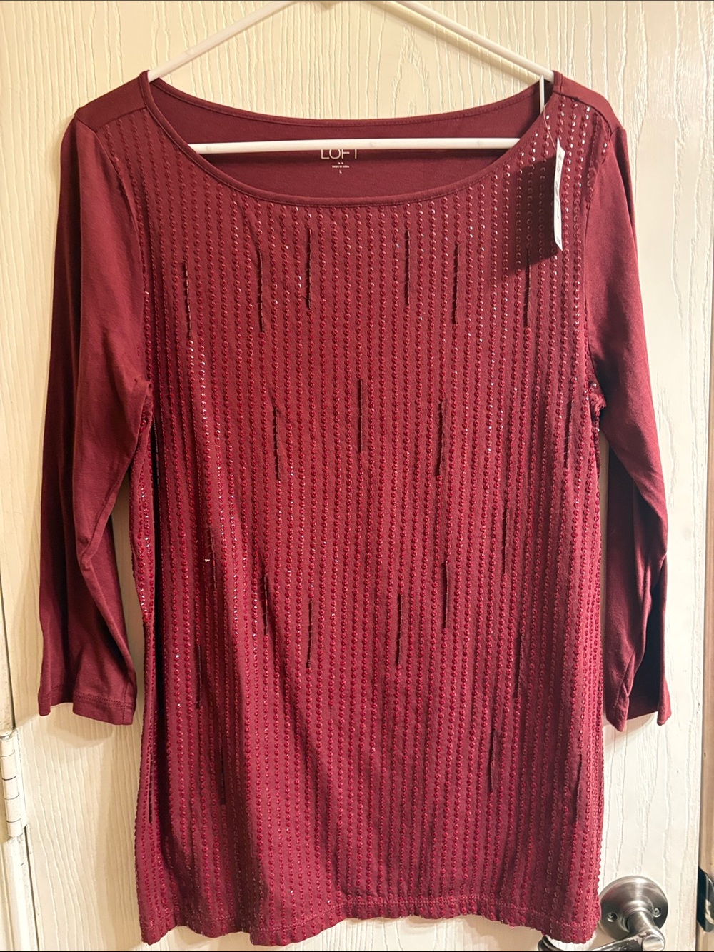 LOFT Wine Red Long Sleeve Sequin-Striped Tunic